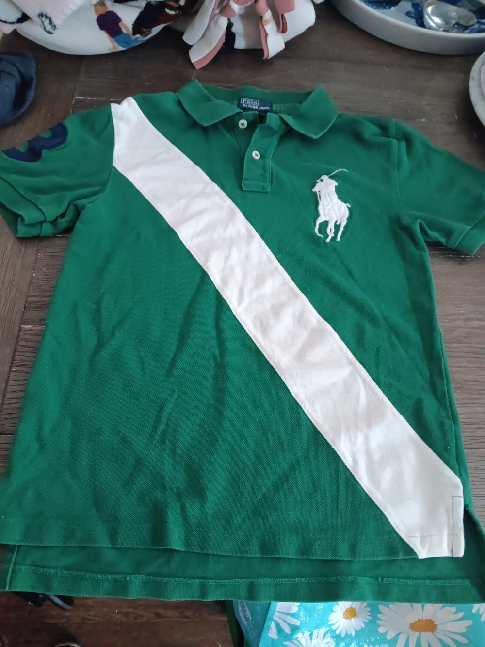 Boys Size Med., Polo by Ralph Lauren Green Polo Shirt with White Diagonal Stripe